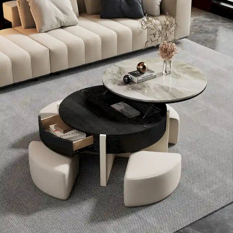 31.5 Modern Coffee Table, Lift Top Coffee Table with 3 Ottomans, Black - 31.5 X 31.5