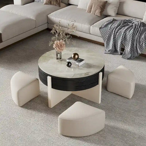 31.5 Modern Coffee Table, Lift Top Coffee Table with 3 Ottomans, Black - 31.5 X 31.5