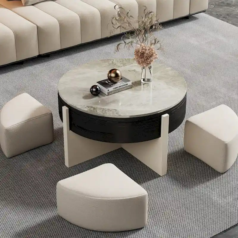 31.5 Modern Coffee Table, Lift Top Coffee Table with 3 Ottomans, Black - 31.5 X 31.5