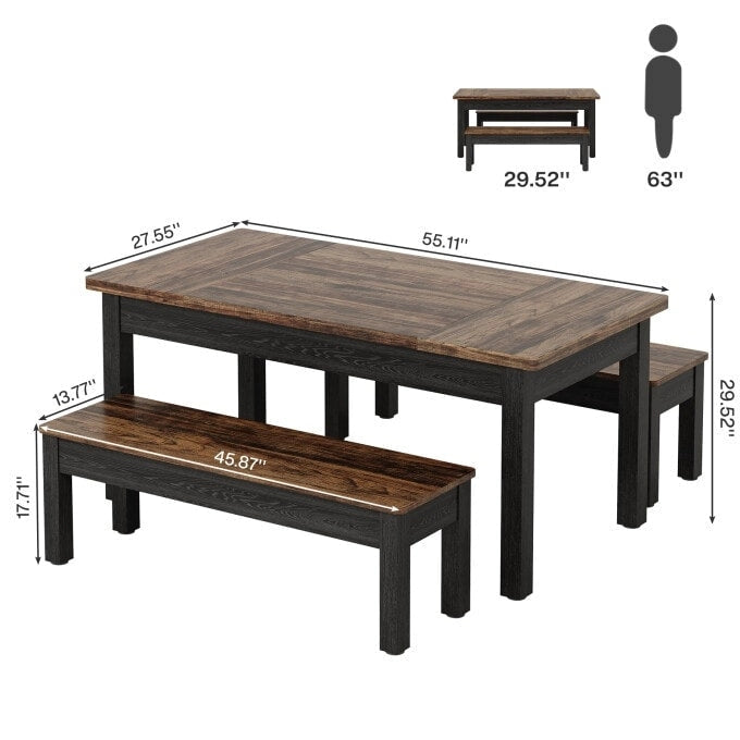 55-Inch Dining Table Set for 4-6, Wood Kitchen Table with 2 Benches