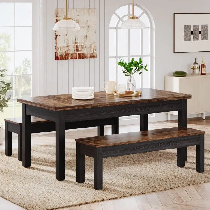55-Inch Dining Table Set for 4-6, Wood Kitchen Table with 2 Benches