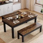 55-Inch Dining Table Set for 4-6, Wood Kitchen Table with 2 Benches