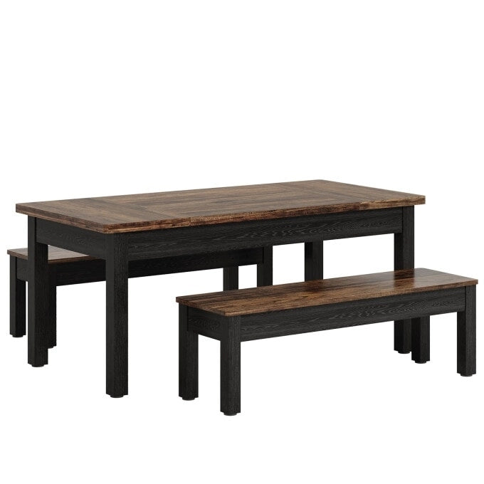 55-Inch Dining Table Set for 4-6, Wood Kitchen Table with 2 Benches