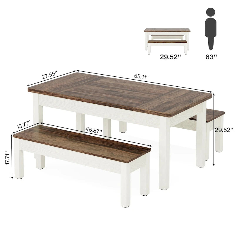 55-Inch Dining Table Set for 4-6, Wood Kitchen Table with 2 Benches