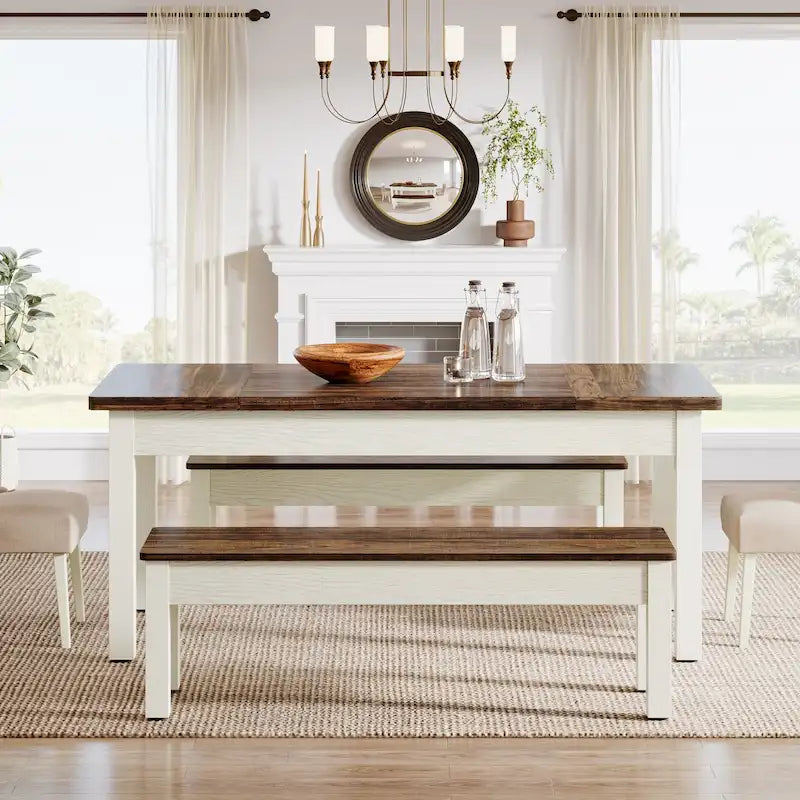 55-Inch Dining Table Set for 4-6, Wood Kitchen Table with 2 Benches