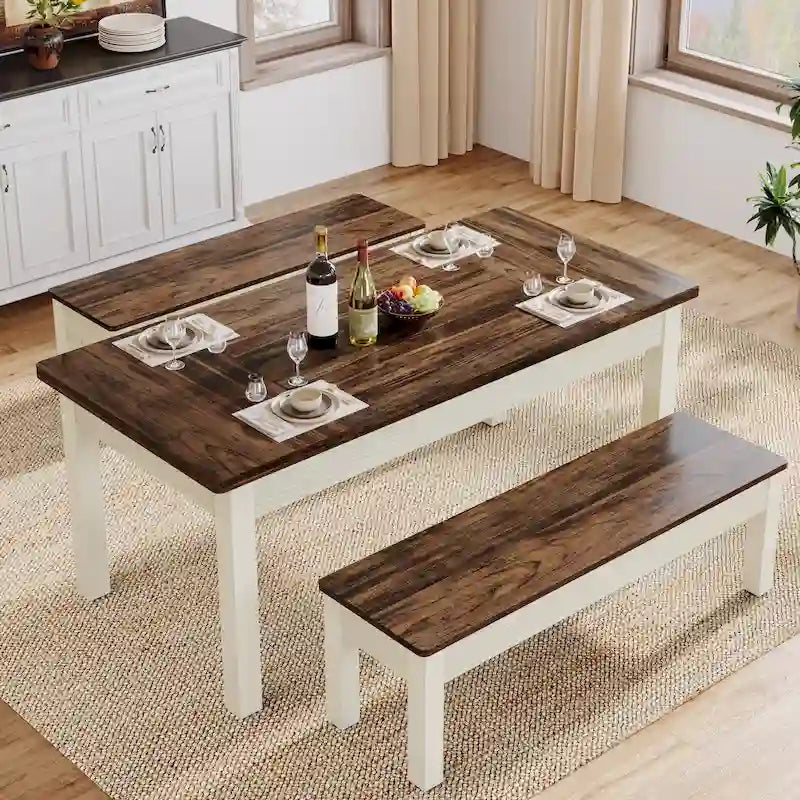 55-Inch Dining Table Set for 4-6, Wood Kitchen Table with 2 Benches