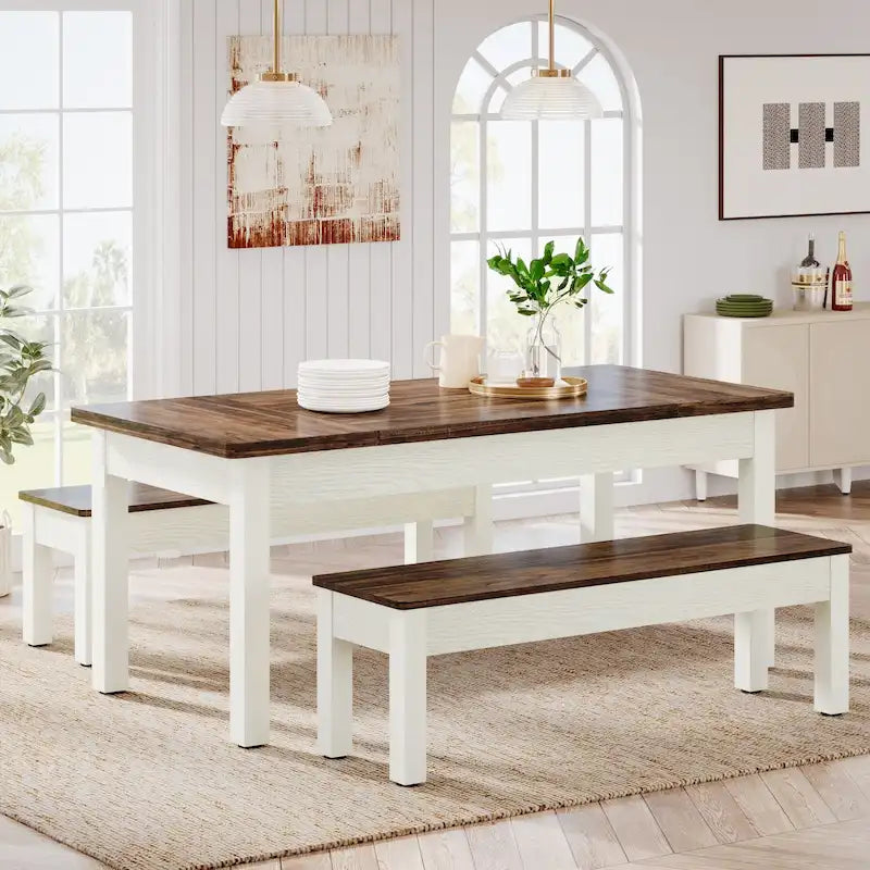 55-Inch Dining Table Set for 4-6, Wood Kitchen Table with 2 Benches