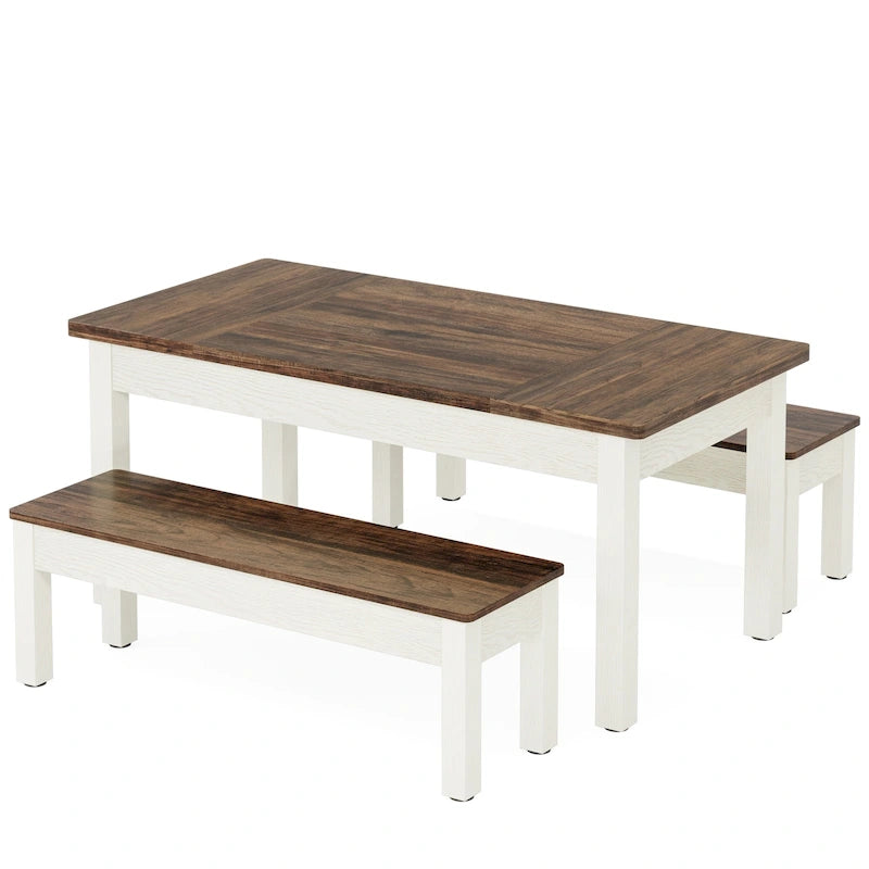 55-Inch Dining Table Set for 4-6, Wood Kitchen Table with 2 Benches