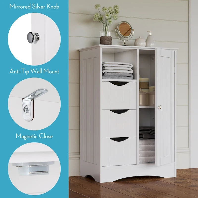 RiverRidge Ashland Single Door Bathroom and Laundry Storage Cabinet with 3 Drawers, Open and Adjustable Shelf