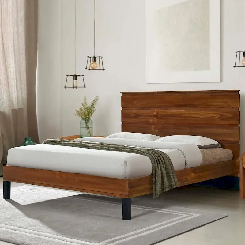Queen Size Solid Wood Platform Bed with Six-Piece Headboard