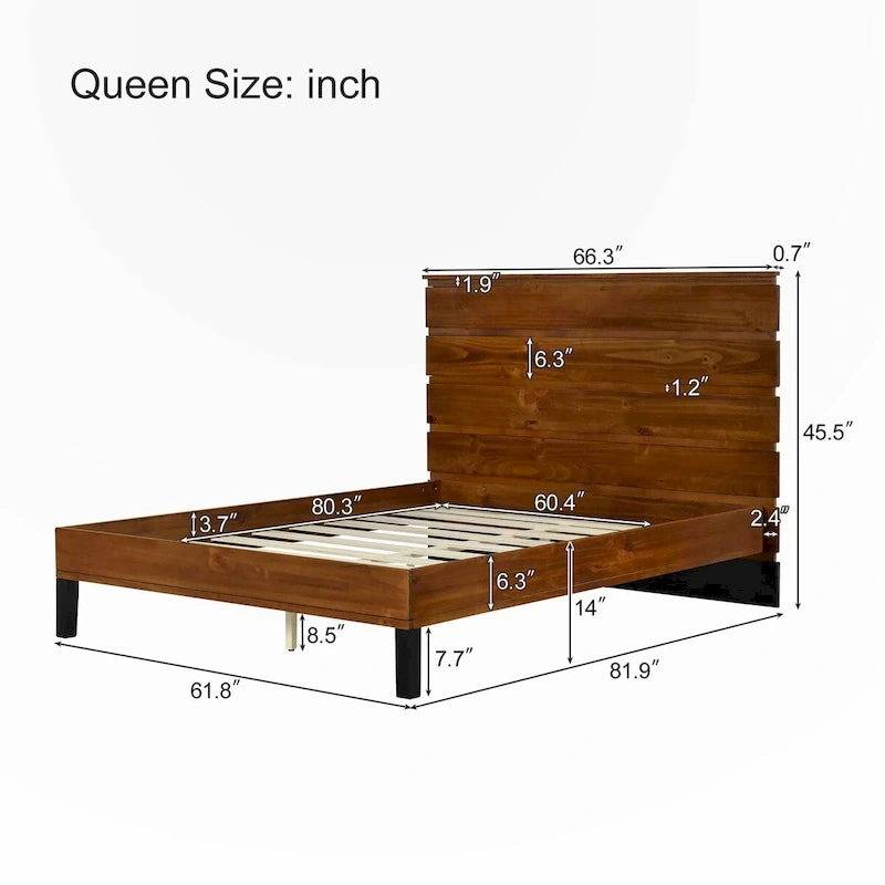 Queen Size Solid Wood Platform Bed with Six-Piece Headboard