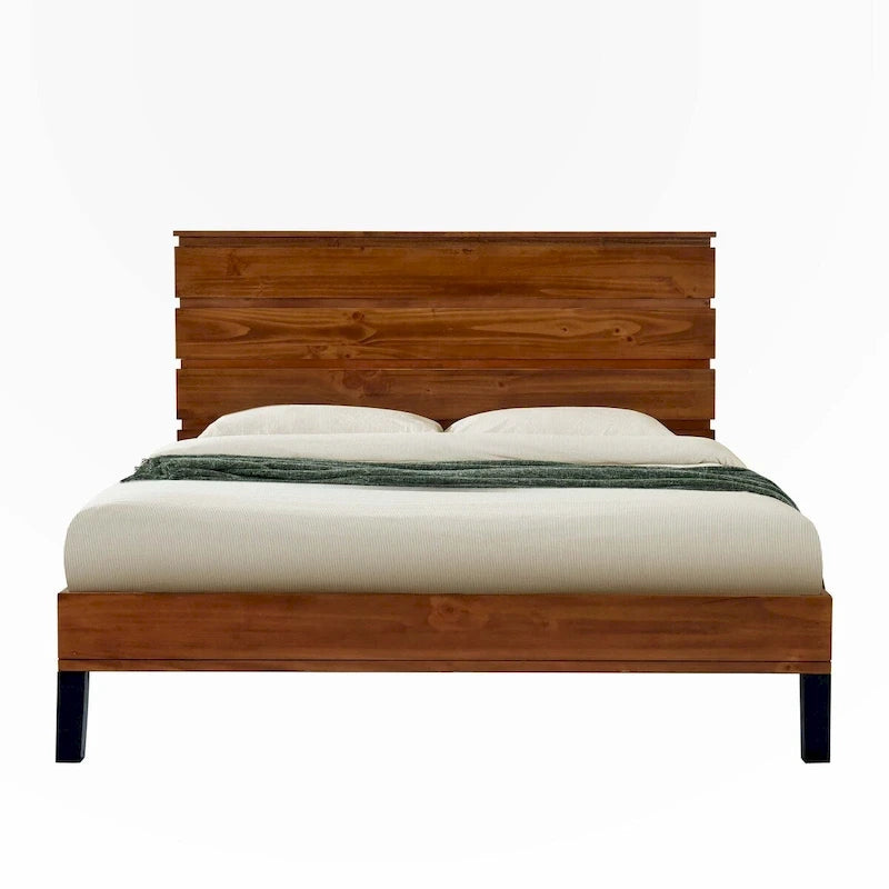 Queen Size Solid Wood Platform Bed with Six-Piece Headboard