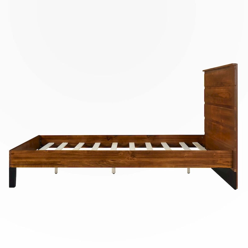 Queen Size Solid Wood Platform Bed with Six-Piece Headboard