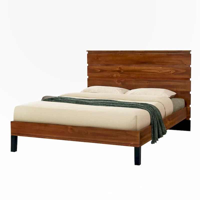 Queen Size Solid Wood Platform Bed with Six-Piece Headboard
