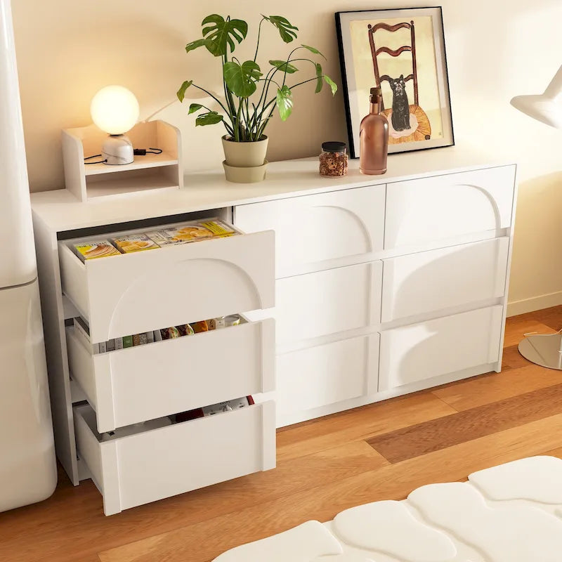 White Storage Dresser with 6 Drawers for Bedroom Dining, and Kitchen