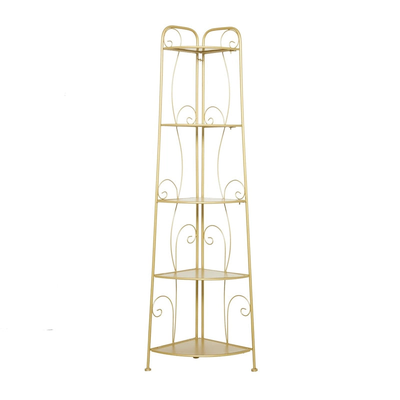 Metal Scroll Indoor Outdoor Tall Folding 5 Shelves Bakers Rack - Gold or White - Roche River Decor