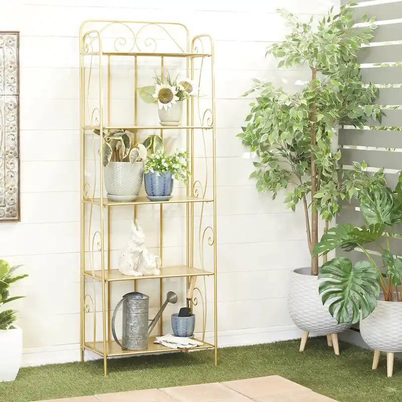 Metal Scroll Indoor Outdoor Tall Folding 5 Shelves Bakers Rack - Gold or White - Roche River Decor