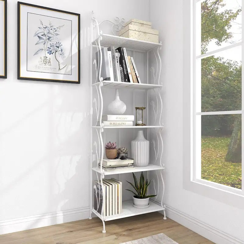 Metal Scroll Indoor Outdoor Tall Folding 5 Shelves Bakers Rack - Gold or White - Roche River Decor