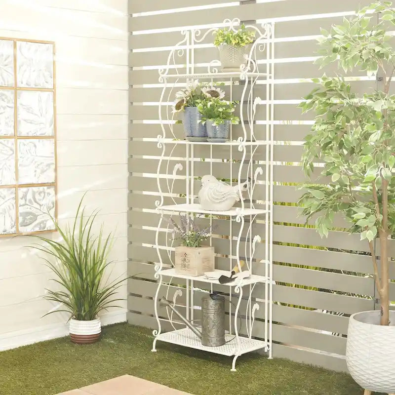 Metal Scroll Indoor Outdoor Tall Folding 5 Shelves Bakers Rack - Gold or White - Roche River Decor