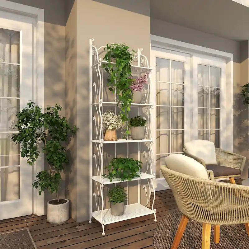 Metal Scroll Indoor Outdoor Tall Folding 5 Shelves Bakers Rack - Gold or White - Roche River Decor
