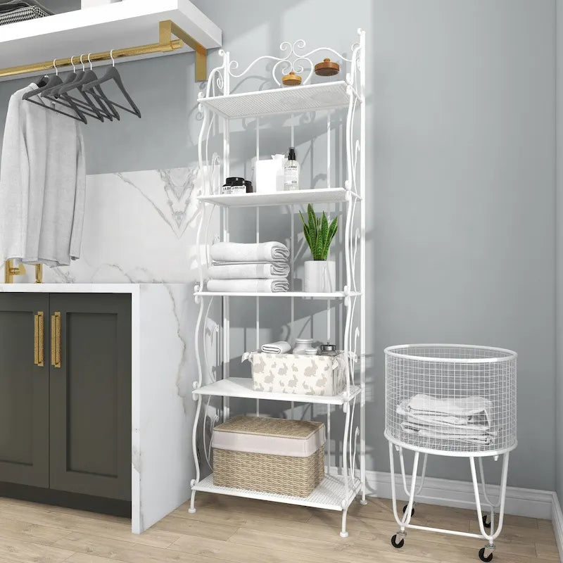 Metal Scroll Indoor Outdoor Tall Folding 5 Shelves Bakers Rack - Gold or White - Roche River Decor