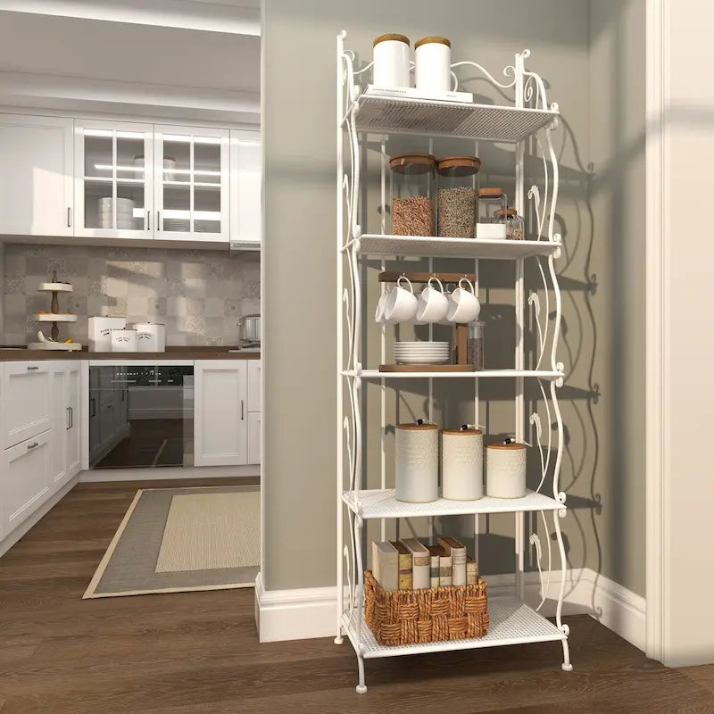 Metal Scroll Indoor Outdoor Tall Folding 5 Shelves Bakers Rack - Gold or White - Roche River Decor