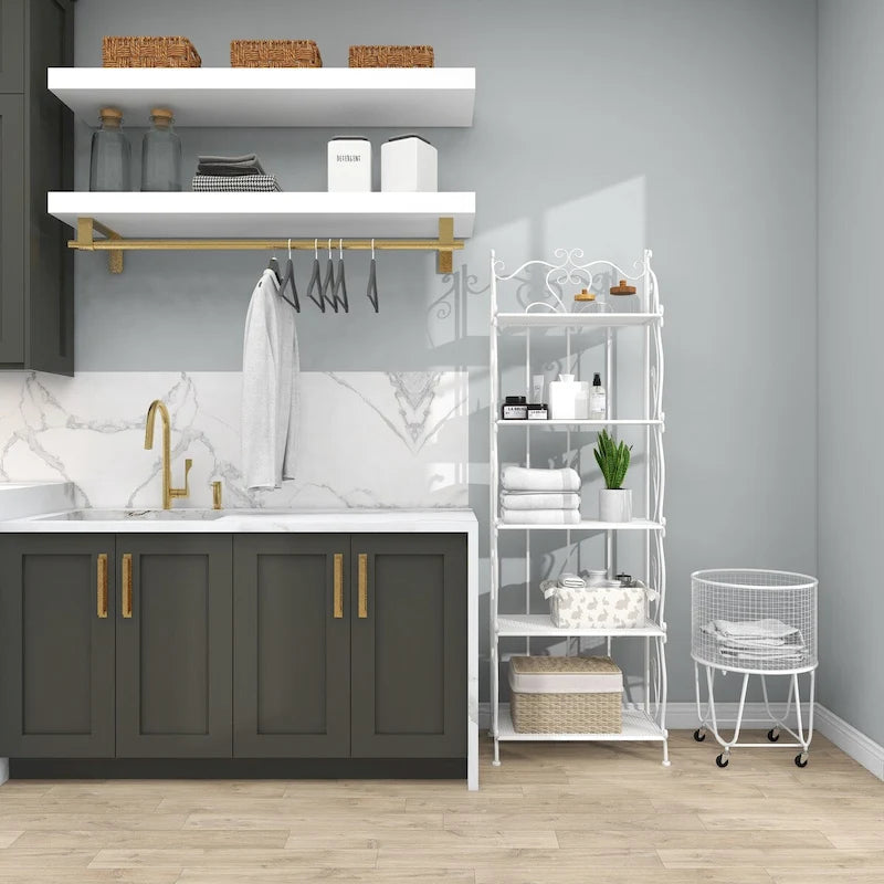 Metal Scroll Indoor Outdoor Tall Folding 5 Shelves Bakers Rack - Gold or White - Roche River Decor