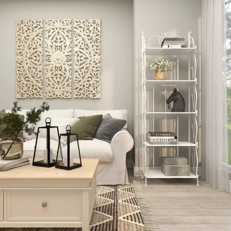 Metal Scroll Indoor Outdoor Tall Folding 5 Shelves Bakers Rack - Gold or White - Roche River Decor