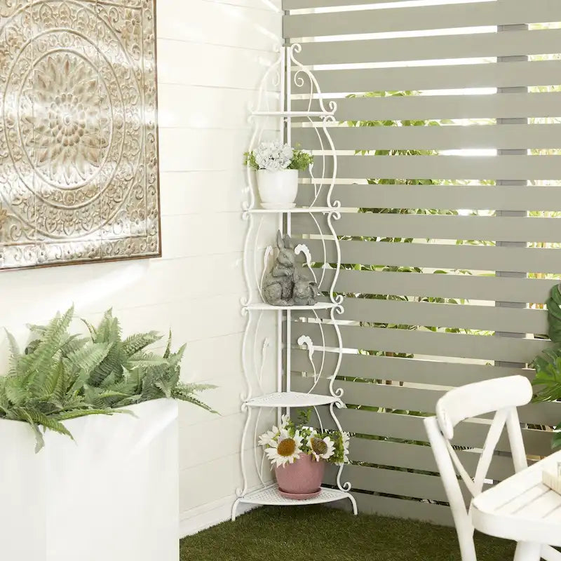 Metal Scroll Indoor Outdoor Tall Folding 5 Shelves Bakers Rack - Gold or White - Roche River Decor