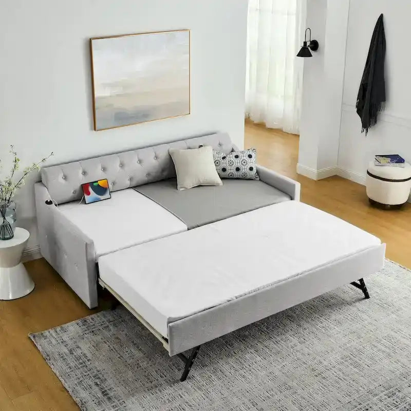Twin Size Upholstery DayBed with Twin Size Erectable Trundle and USB Charging Design