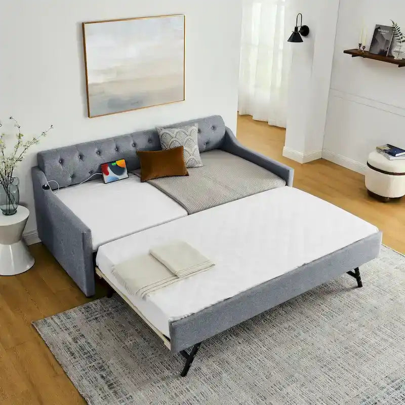 Twin Size Upholstery DayBed with Twin Size Erectable Trundle and USB Charging Design