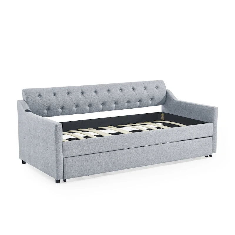 Twin Size Upholstery DayBed with Twin Size Erectable Trundle and USB Charging Design