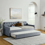 Twin Size Upholstery DayBed with Twin Size Erectable Trundle and USB Charging Design