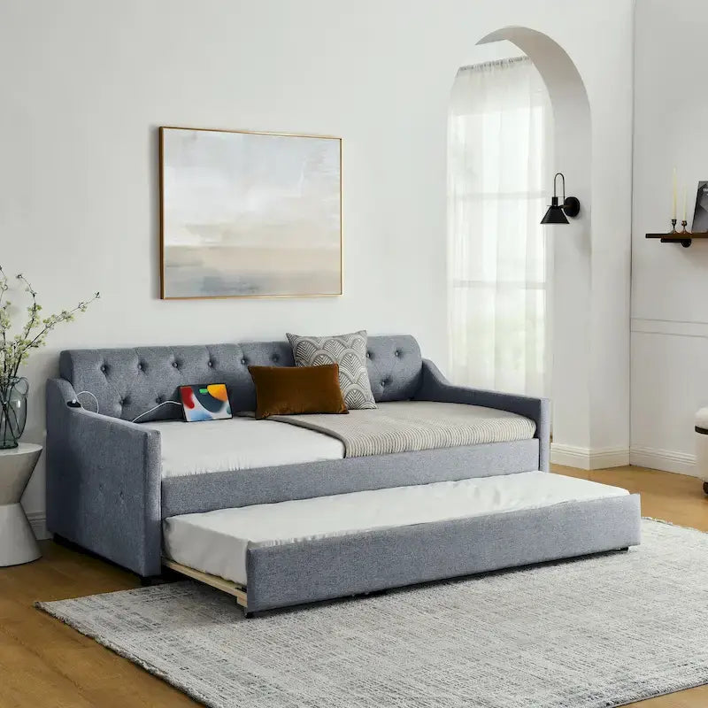 Twin Size Upholstery DayBed with Twin Size Erectable Trundle and USB Charging Design