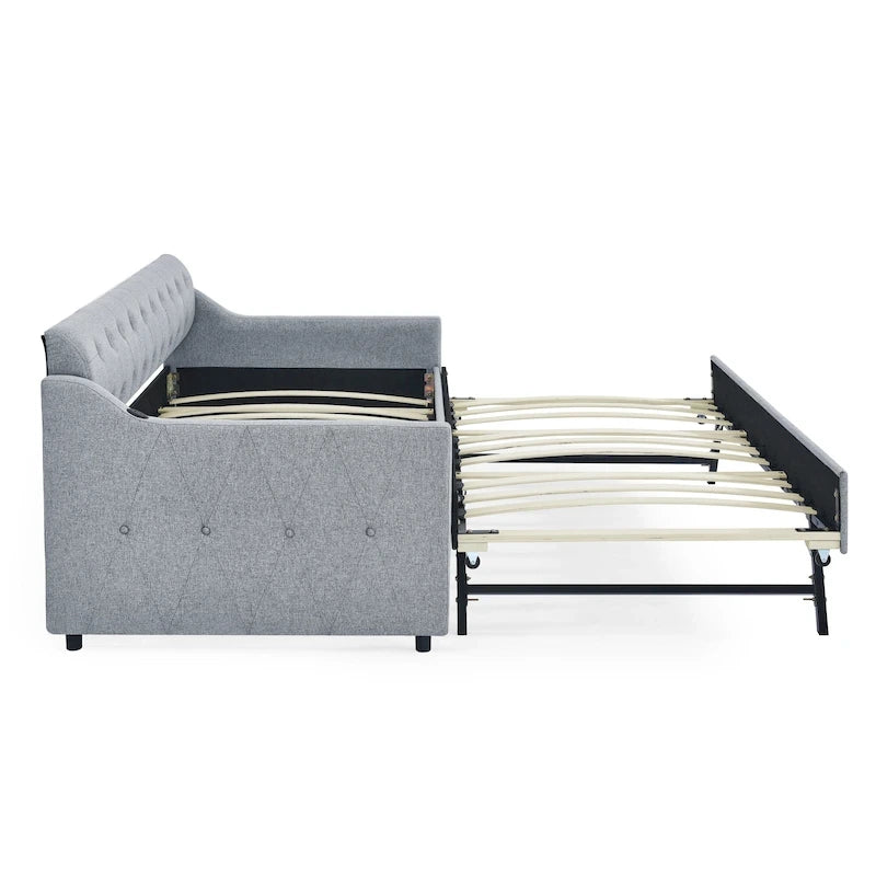 Twin Size Upholstery DayBed with Twin Size Erectable Trundle and USB Charging Design