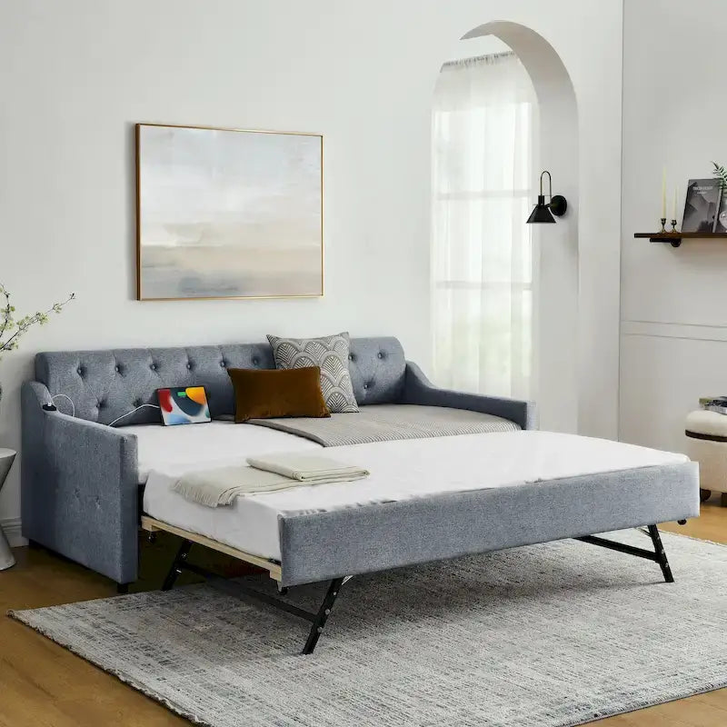 Twin Size Upholstery DayBed with Twin Size Erectable Trundle and USB Charging Design