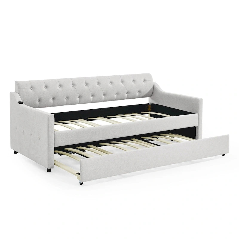 Twin Size Upholstery DayBed with Twin Size Erectable Trundle and USB Charging Design