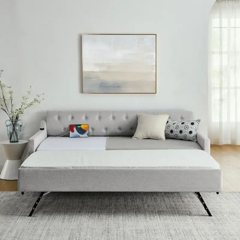 Twin Size Upholstery DayBed with Twin Size Erectable Trundle and USB Charging Design