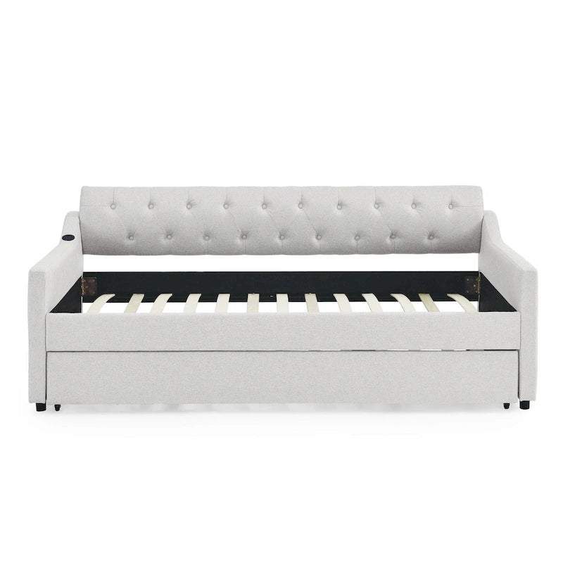 Twin Size Upholstery DayBed with Twin Size Erectable Trundle and USB Charging Design