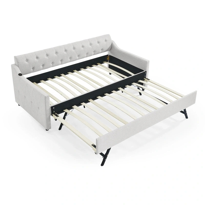 Twin Size Upholstery DayBed with Twin Size Erectable Trundle and USB Charging Design