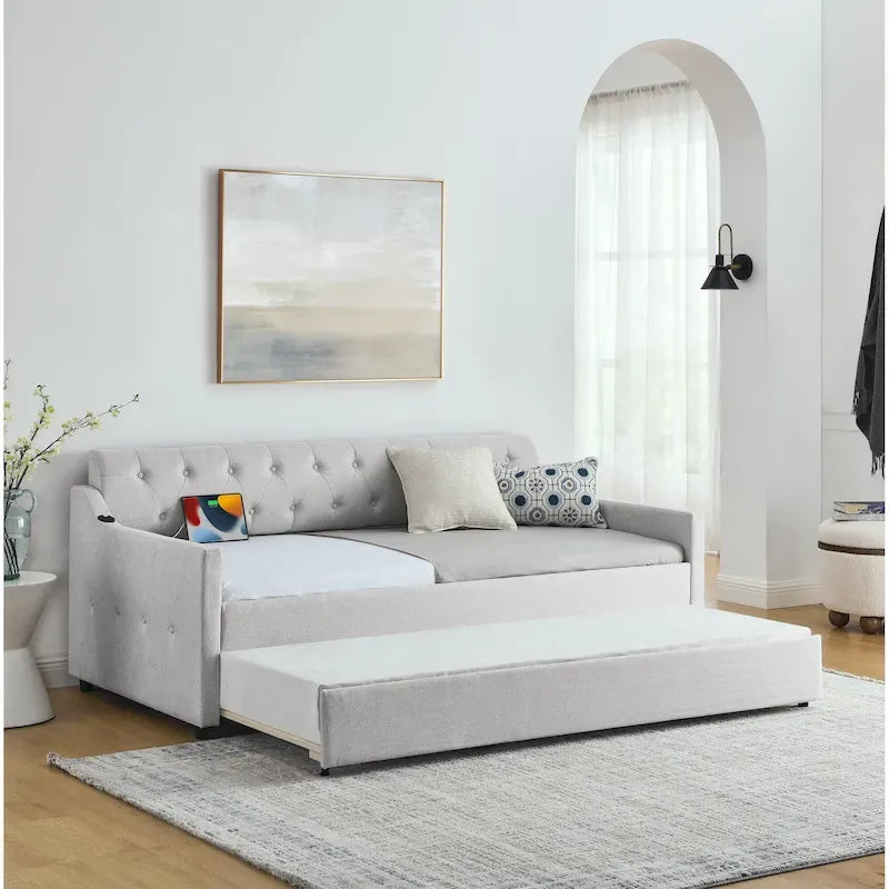Twin Size Upholstery DayBed with Twin Size Erectable Trundle and USB Charging Design