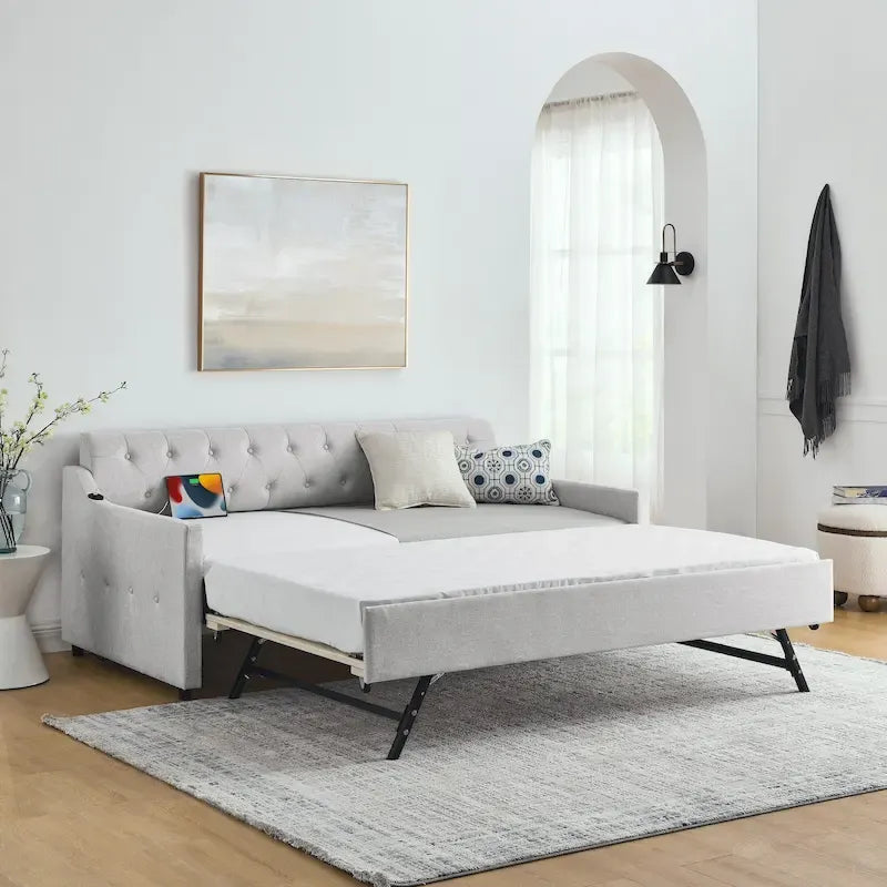 Twin Size Upholstery DayBed with Twin Size Erectable Trundle and USB Charging Design