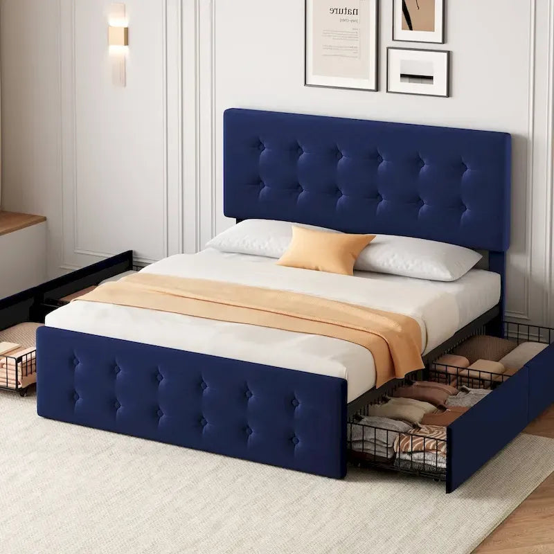 Queen Size Bed Frame with 4 Storage Drawers and Headboard