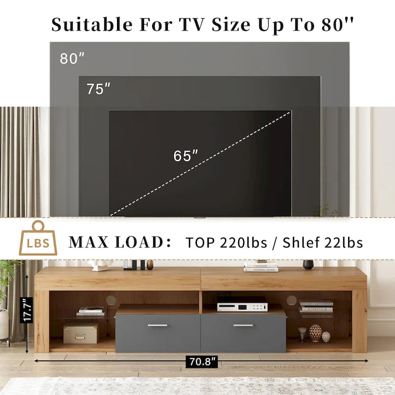 Modern Design TV Stands for TVs up to 80, LED Light Entertainment Center, Media Console with 6 Storage Cabinets